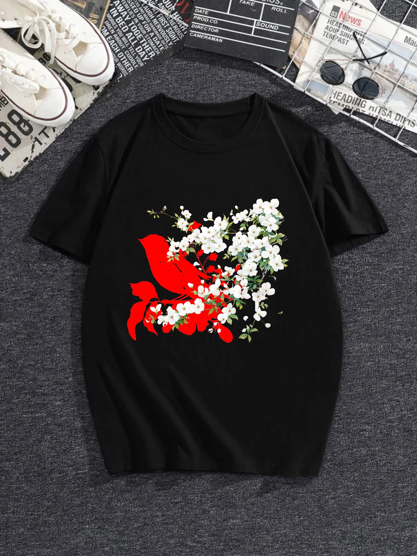 

Женские футболки в китайском стиле, рождественская повседневная футболка из 100% хлопка с принтом «Красная птица с цветами», пара на Хэллоуин