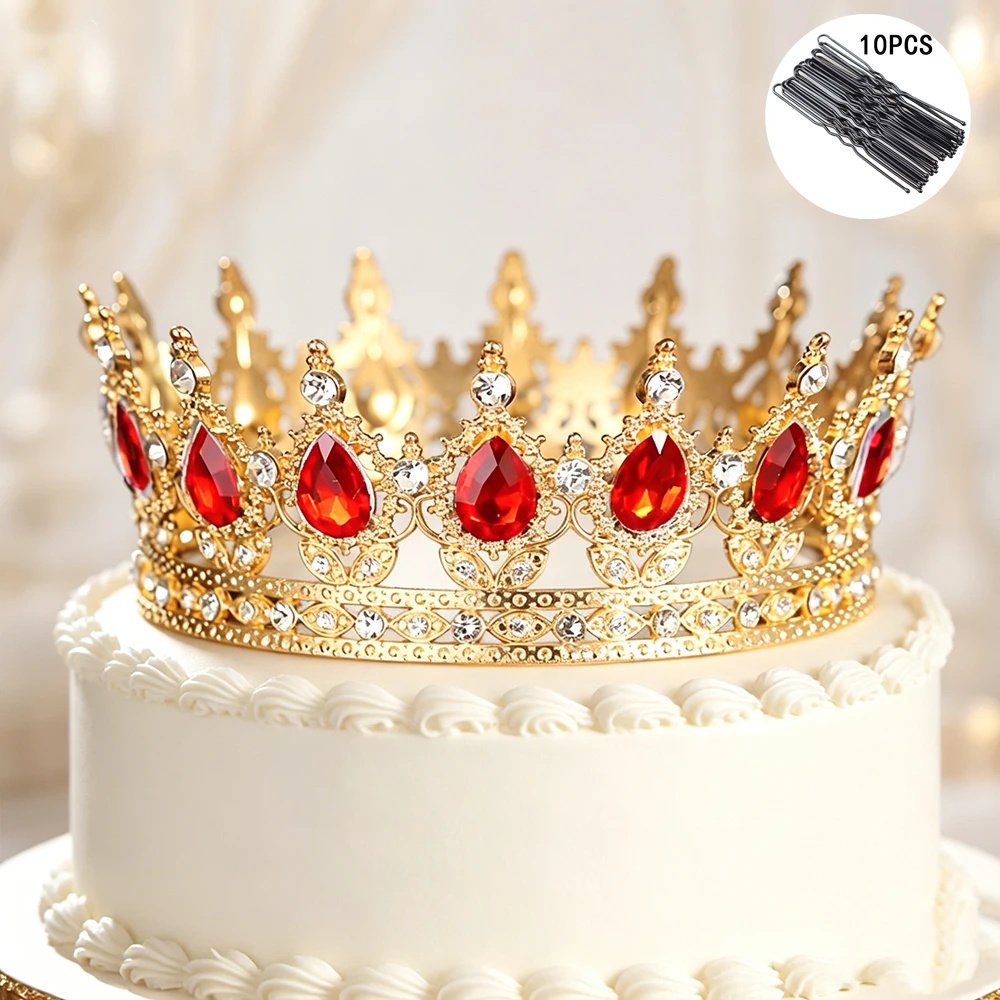 Full Round Crown Rhinestone Princess Tiara with 10Pcs Bobby Pins Luxury Headpiece Wedding Birthday Cake Decor Pageant Party view 4