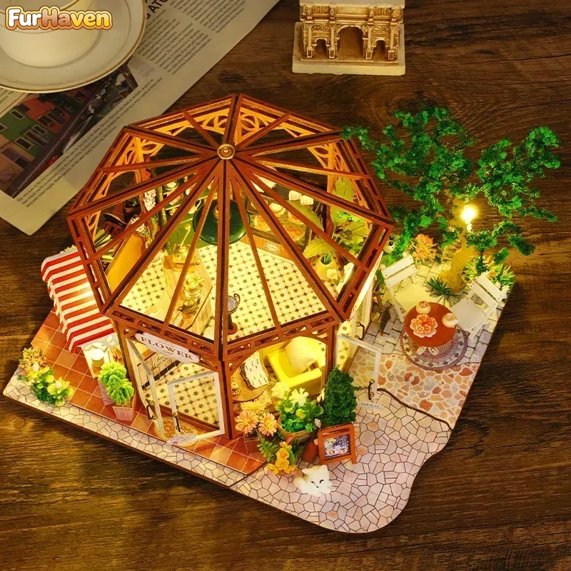 

DIY Wooden Flower Coffee Casa Miniature Doll House Building Kits