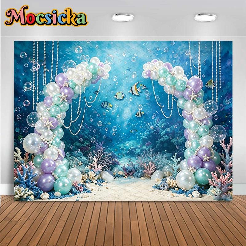 Mocsicka Photography Backdrop Underwater World Mermaid Balloon Coral Pearl Seabed Fish Kid Birthday Baby Shower Photo Background
