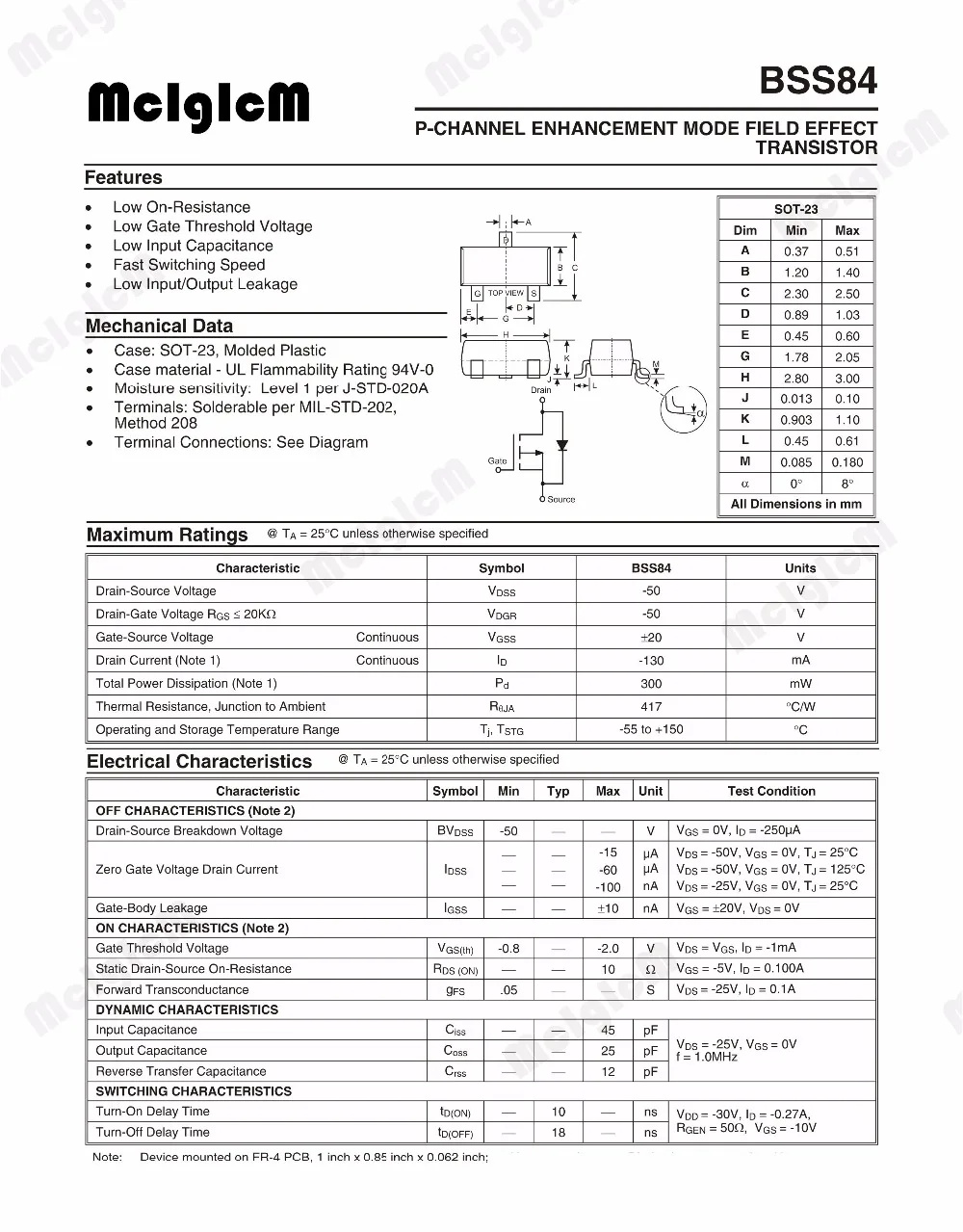 BSS84,100 шт P-Channel 50V 130mA (Ta) 360mW (Ta) Поверхностное крепление SOT-23-3 SMD mosfet транзистор SOT-23 BSS84