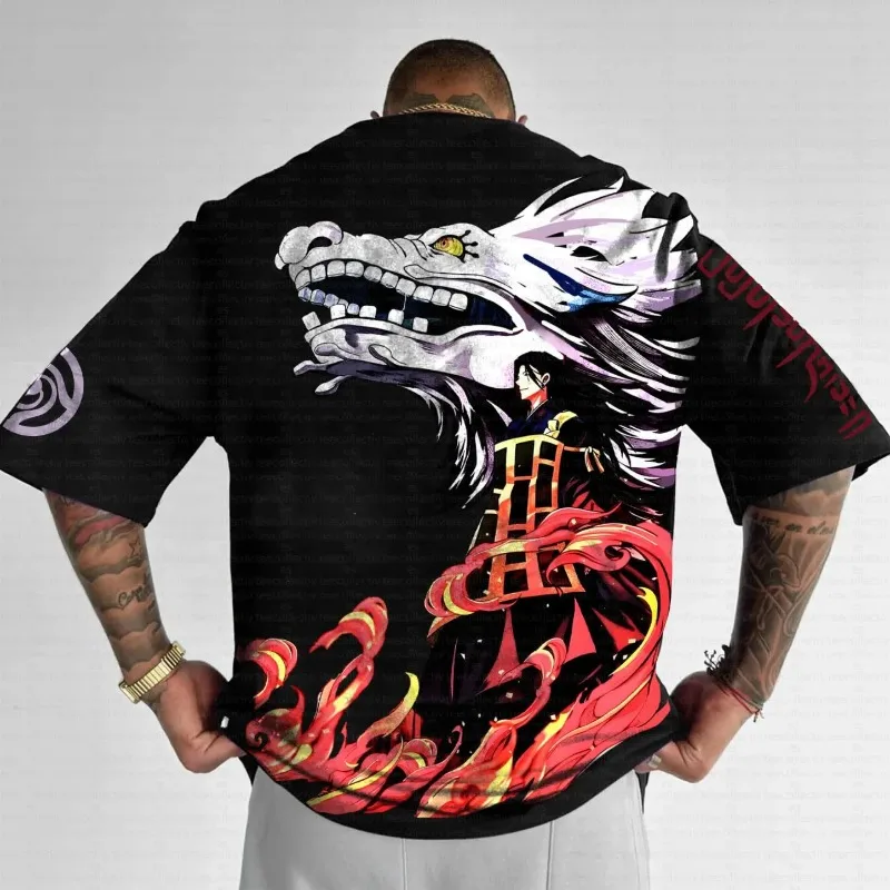 2025 メンズ夏 Tシャツ 呪術廻戦 アニメ 原宿 オーバーサイズ レトロ ストリートウェア レディース カジュアル ルーズ 半袖 ユニセックス トップス