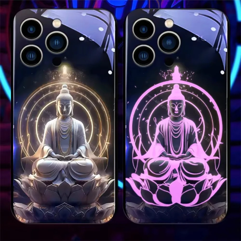 Sacred Buddha Glory Led Light Phone Case Call Flash Glitter Cover For iPhone 16 15 14 13 12 11 Pro Max X XS XR Plus SE2020