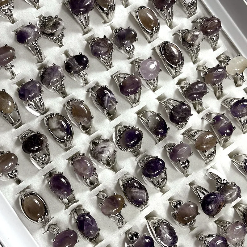 50Pieces /Lot New Design Natural Amethyst Purple Stone Silver Plated Ring Ladies Women Rings Wholesale Jewelry LR4210