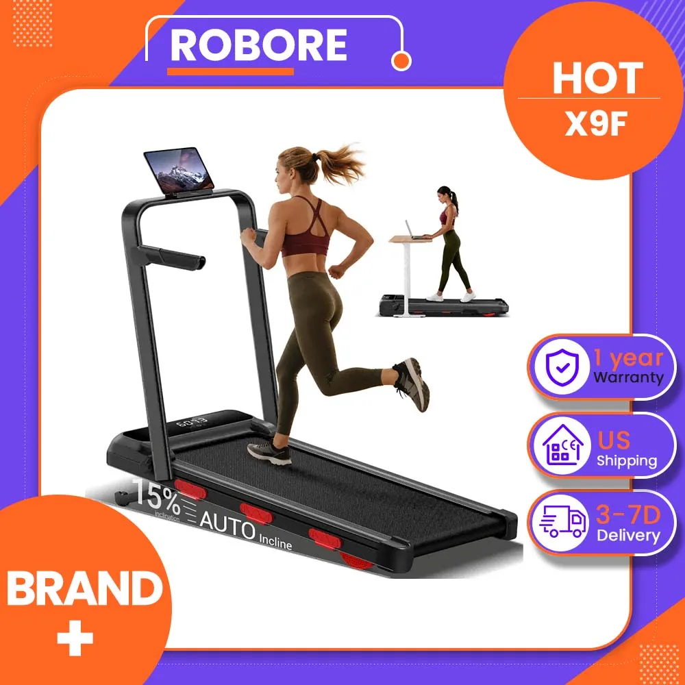 ROBORE  X9F 15% Auto Incline Treadmill, 7.5 MPH Folding Walking Pad with Safety Handle, Quiet Powerful Motor, 12 Speed Levels, 6-Layer Shock Absorption, LED Display Under Desk Treadmill for Home Workout, Walking, Jogging & Running