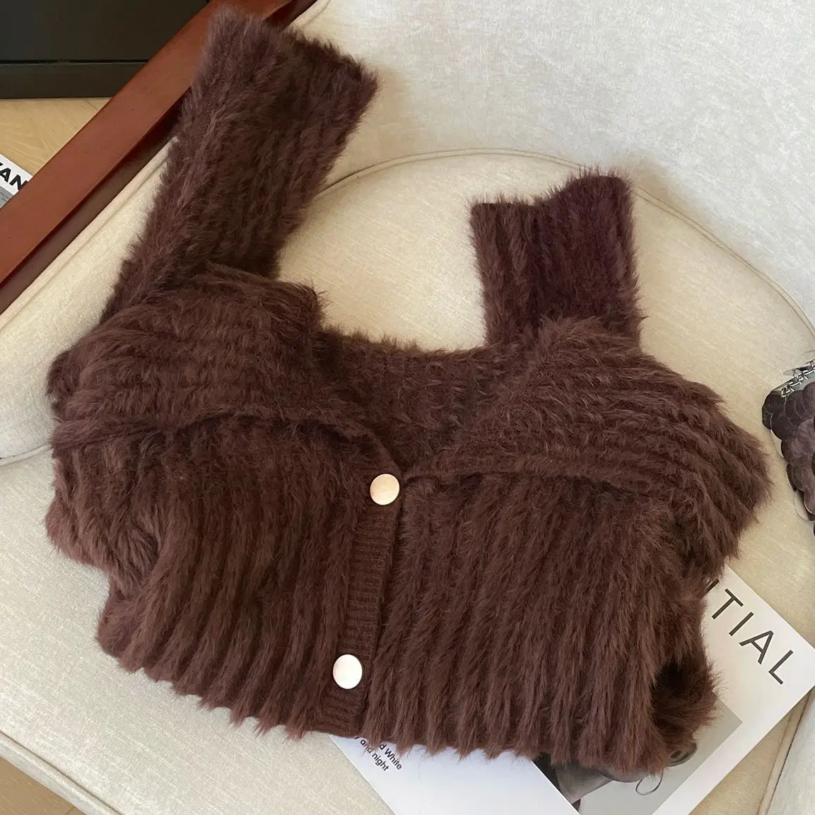 Korejpaa Mink Fur Sweater Jacket Women Autumn Winter New Warm Cardigans Top Elegant Simple Solid Short Knitted Cardigan Clothes