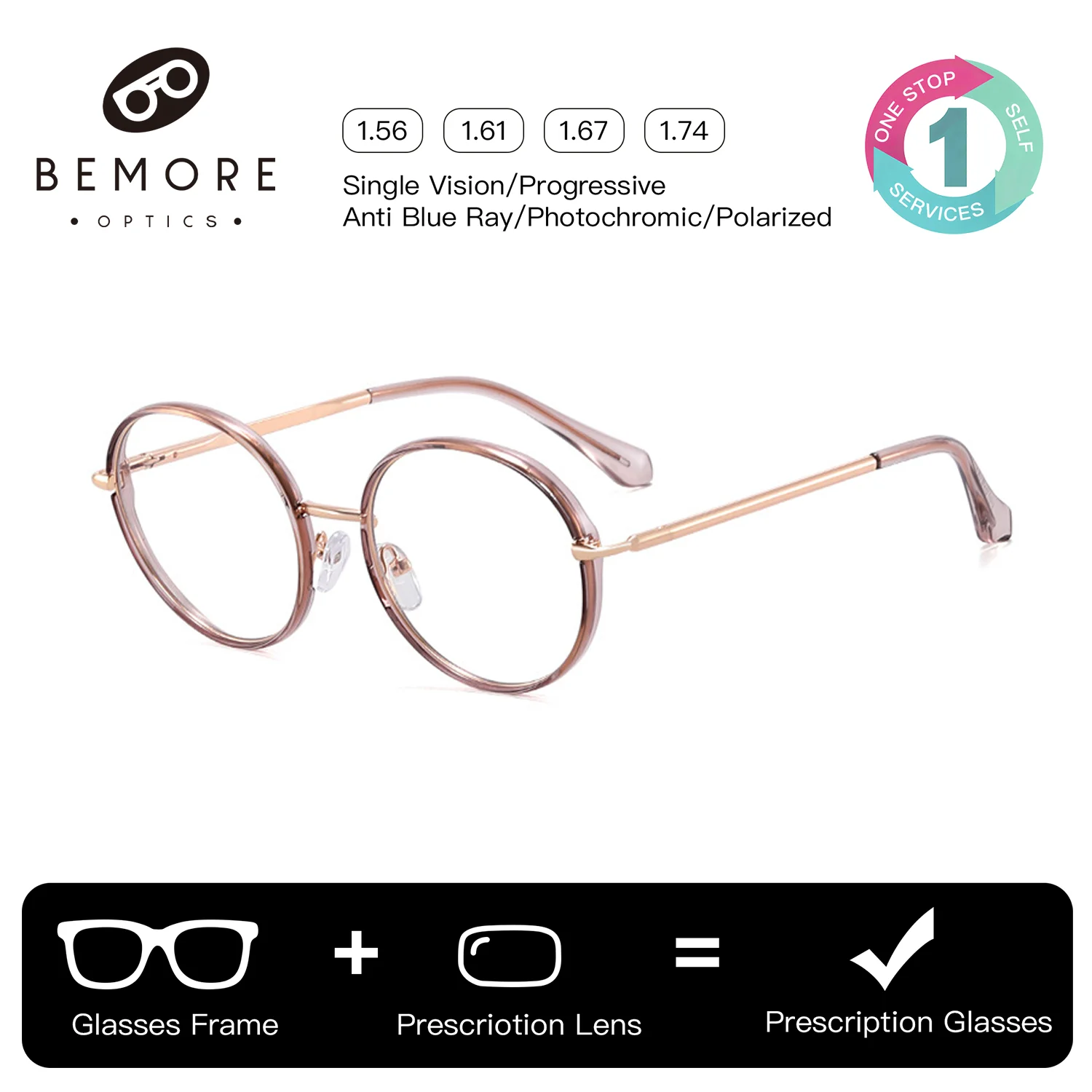 

BEMORE Retro Round Metal Alloy Progressive Women's Glasses Anti-Blue Light Photochromic Brown Prescription Optical Eyewear