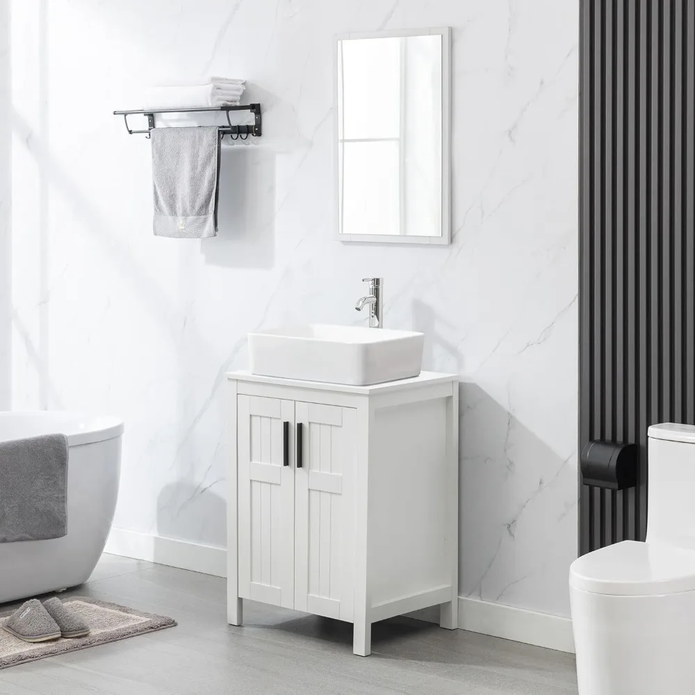 

24" Bathroom Vanity Sink Combo Modern Freestanding Cabinet W/Straight Lines White Rectangle Ceramic Vessel Sink