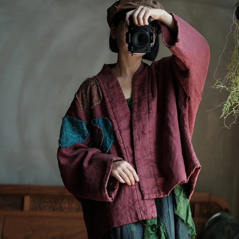 Women Cotton Linen Casual Coats New 2026 Autumn Vintage Style Floral Pattern Loose Comfortable Female Basics Jackets M2971