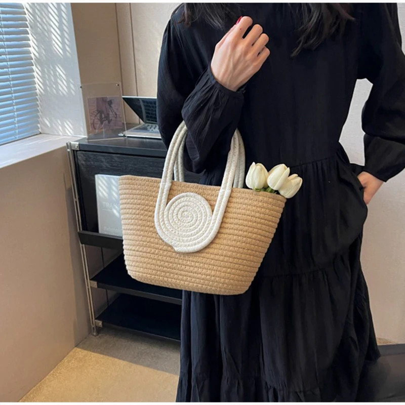 Cotton Rope Woven Soft Tote Bag Summer Beach Travel Bag Color Blocked Large Capacity Basket Bag Fashion Women Commuting Handbag