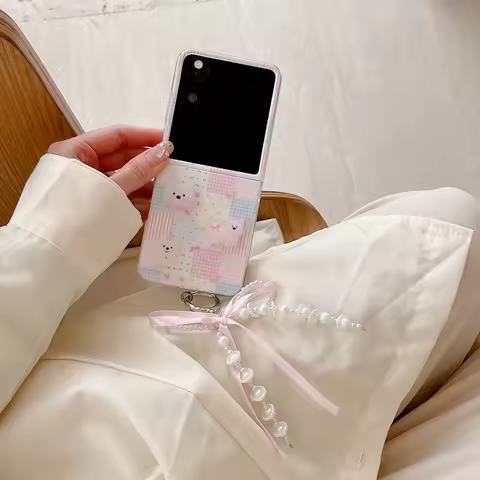 Case For Motorola Razr 50 Ultra Razr Plus 2024 Imd Floral Grid Splicing DIY Puppy Patch Bow Hanging Chain Phone Case Cover