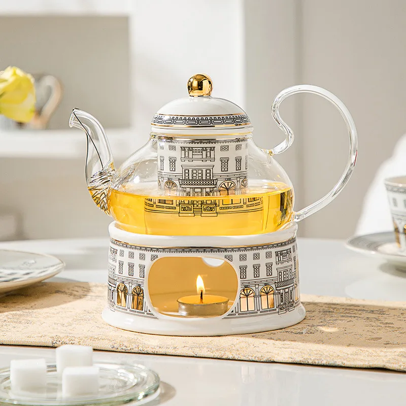 Ceramic and Glass 700ml Teapot Set Tea set Candle Warmer Nordic Light Luxury Household Afternoon Flower Fruit Tea Infuser Teapot