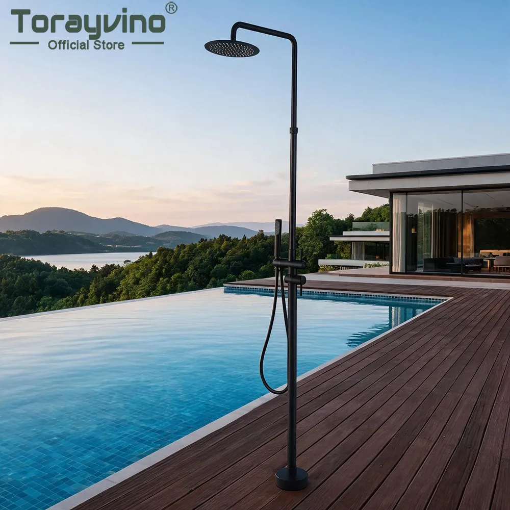 Torayvino Freestanding Outdoor Floor Shower Column Pool Shower Set with Rainfall Head Handheld Spray for Backyard Patio Villa