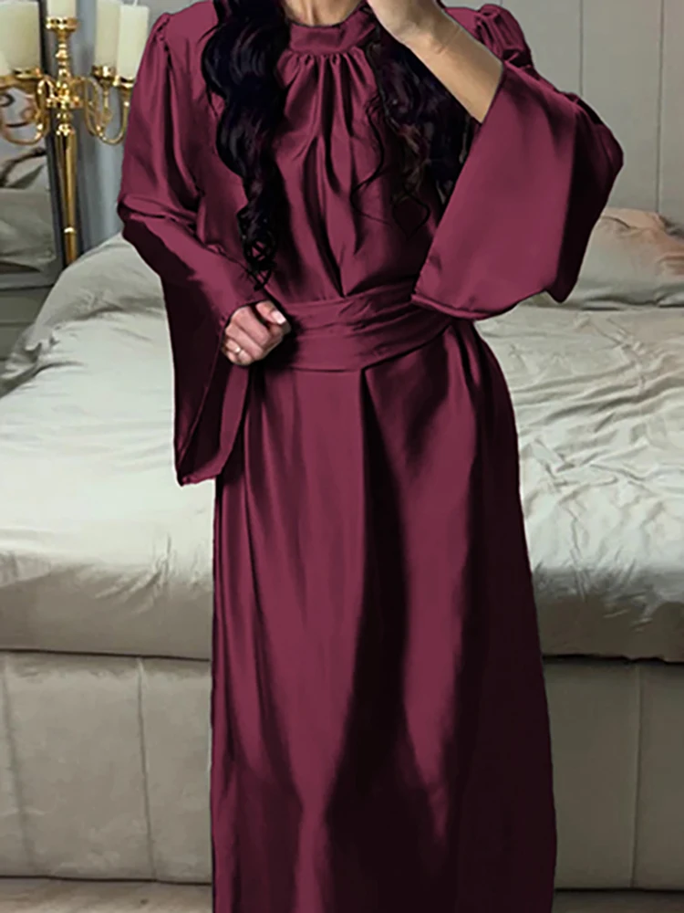 

Fashion Women's O-neck Long Sleeved A-line Dress Simple Solid Pleated Maxi Dress Elegant Temperament High Waisted Banquet Dress