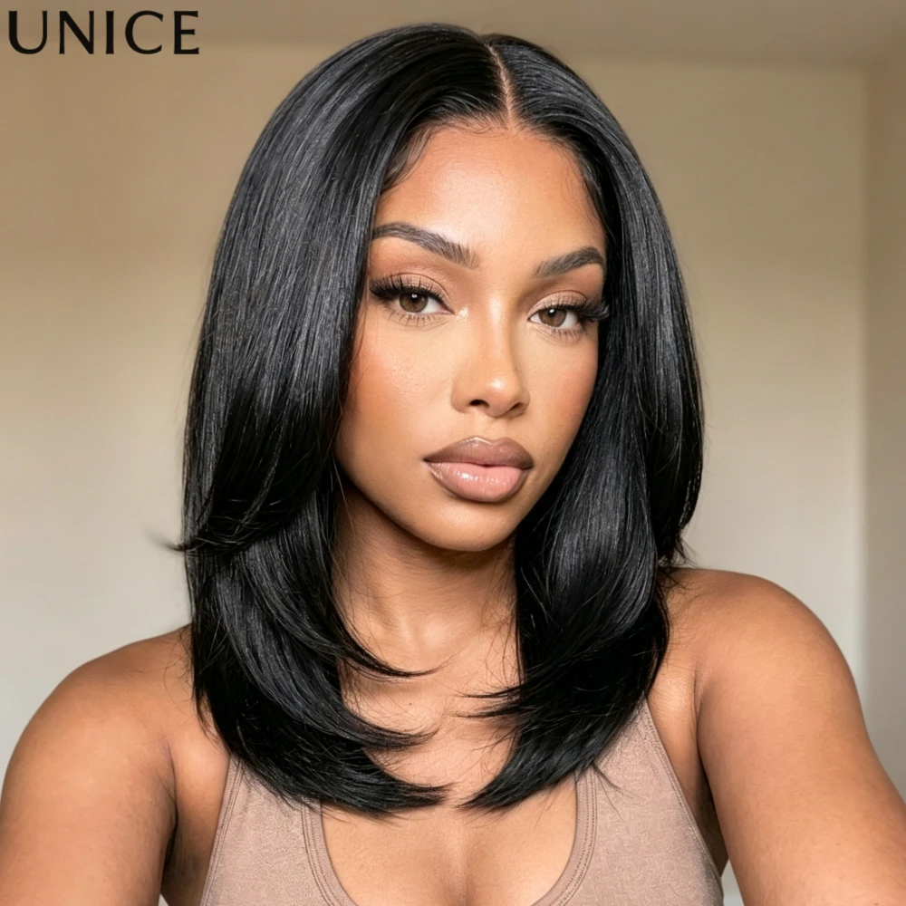 

UNice 7x5 Bye Bye Slip™ Glueless Lace Layered Cut Yaki Straight Bob Wig With Drawstring Wear And Go Glueless Human Hair Wigs