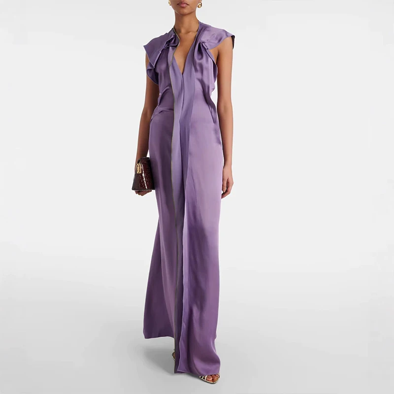 Sexy cintura alta drapeado vestido longo elegante com decote em v sem mangas cetim roxo vestido moda feminina simples cor sólida vestido de festa