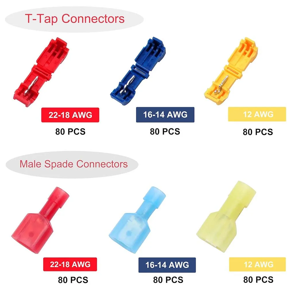 480PCS T-Tap Wire Connectors, Self-Stripping Quick Splice Electrical Wire Terminals, Insulated Quick Disconnect Spade Terminals