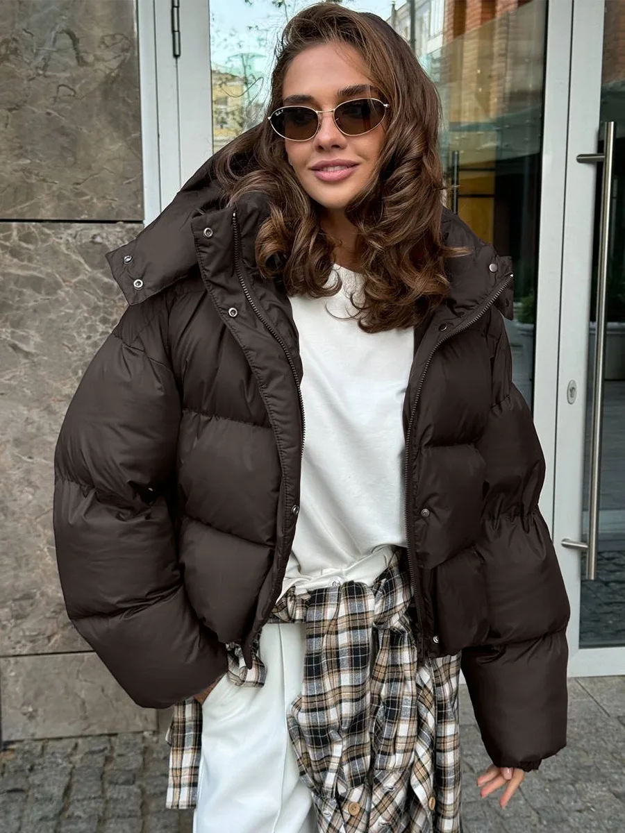 

2026 Winter Zipper Hooded Cotton Clothes Coat Women Fashion Street Casual Pocket Loose Long Sleeves Casual Cotton Jacket Coat