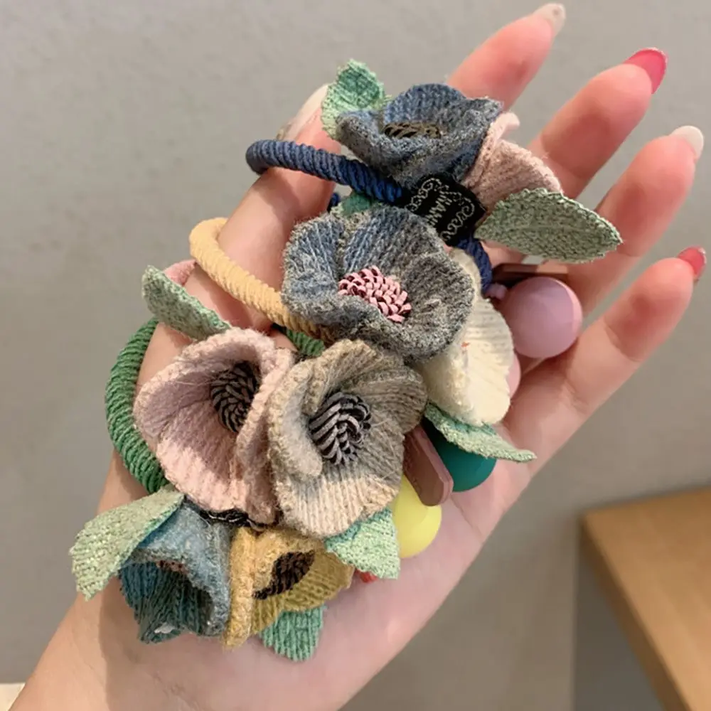 إكسسوارات شعر بسيطة للفتيات على شكل زهور من الصوف والحياكة وشريط مطاطي وعصابة رأس