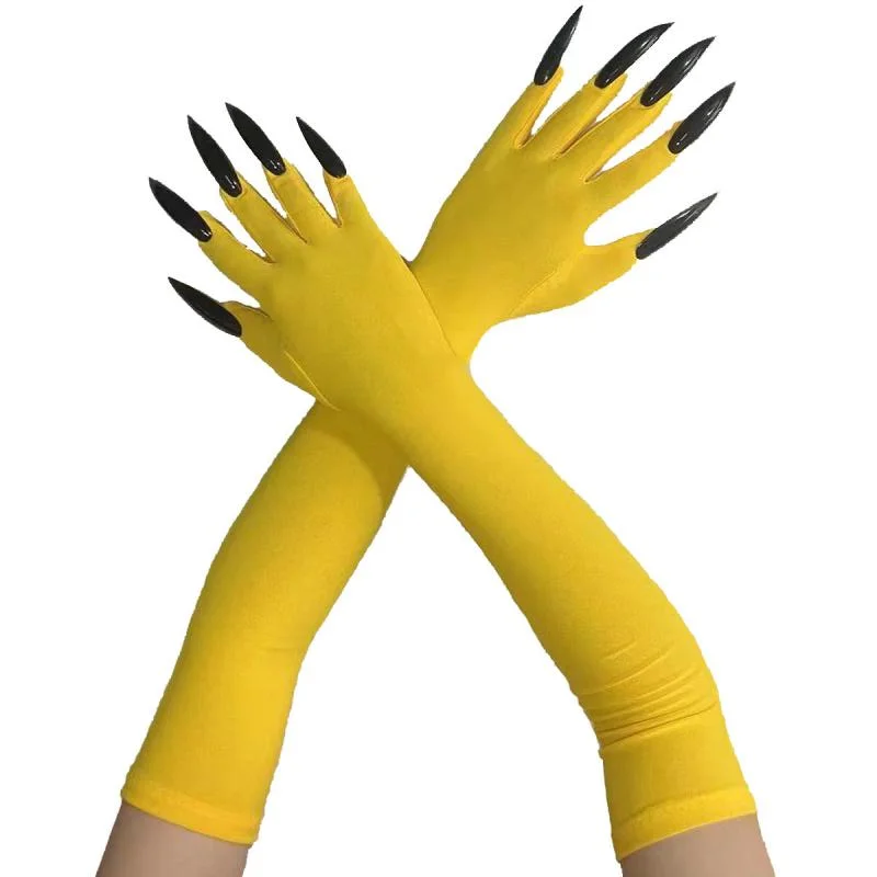 Sarung tangan Halloween: Sarung tangan kostum cakar hantu kuning, sarung tangan lucu Cosplay Halloween dengan kuku panjang hitam yang modis