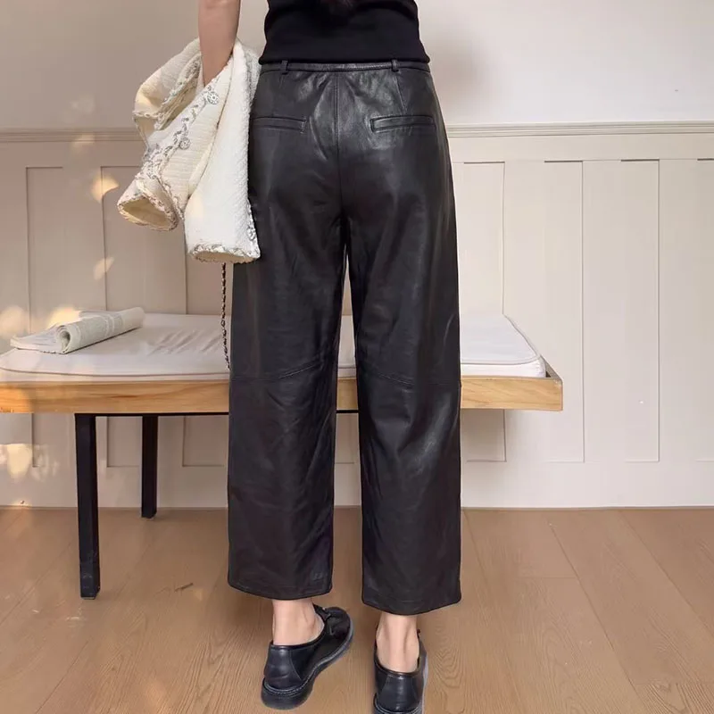 Women's Oil-Waxed Lambskin Wide-Leg Pants, Pleated Tapered Loose-Fit Pants, Slimming Casual Leather Pants, 2026, New Arrival,