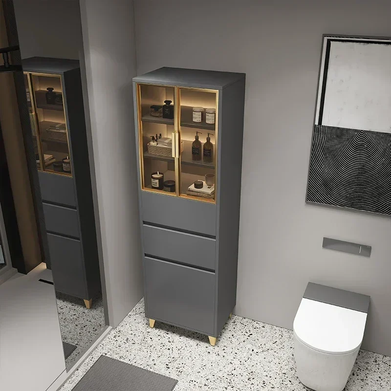 

Chic Functional Bathroom Side Cabinet Waterproof Solid Wood Living Room Tall Narrow Multi-layer Storage Rack Floor Locker