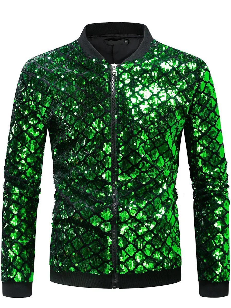 Mens Long Jacket Spandex Sequins Bling Fashion Slim Evening Party Celebration Stage Wear Nightclub Club Performance Clothes