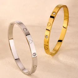 316L Stainless Steel New Fashion Fine Jewelry Minimalism Embed Zircon Carving Love Heart Charm Chain Bracelets Bangles For Women
