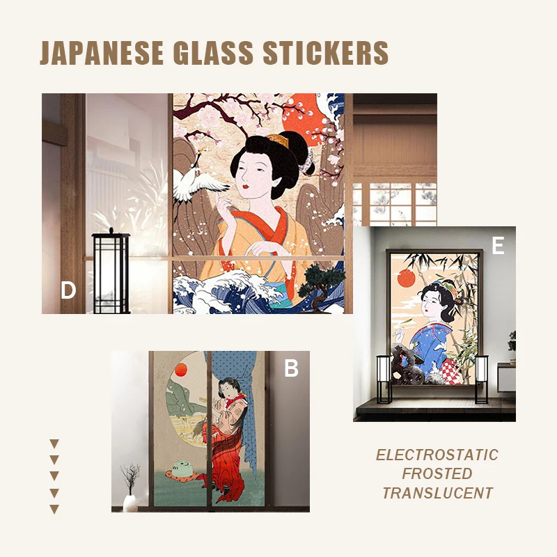 Japanese Style Ukiyo-e Window Film Static Cling Privacy Glass Sticker Restaurant Sliding Door Window Glass Film Opaque Sunscreen