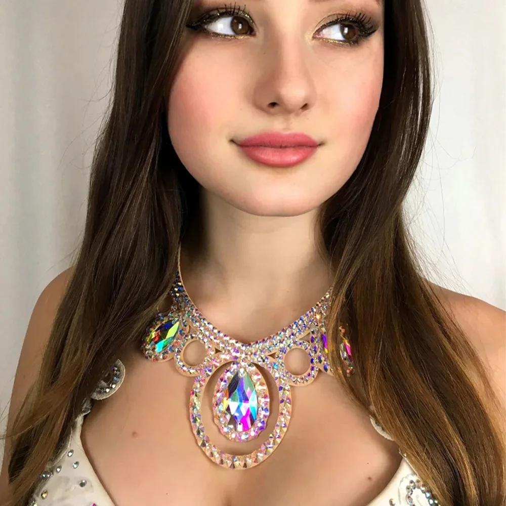 

Stonefans Colourful Belly Dance Necklace Choker Performance Competition Hollow Water Drop Crystal Collar Chain Ballroom Jewelry