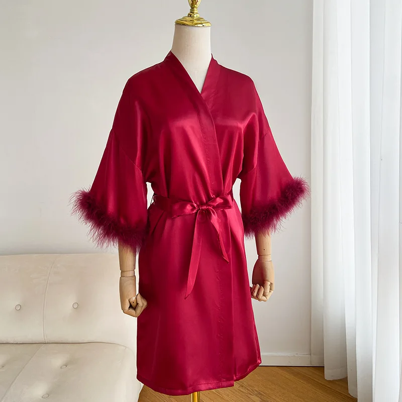 Wedding Bride Robe Morning Gown Elegant Feather Female Kimono Bathrobe Gown Sexy Rayon Summer New Sleepwear Nightwear Lingerie