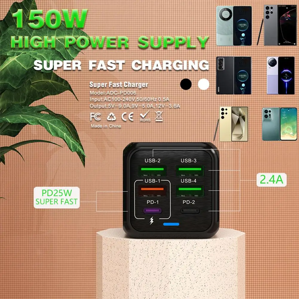 New 150W USB TYPE-C Fast Charger QC3.0 4USB+2PD Multi-Port Fast Charging Head High Quality Wall Adapter For IPhone Android V3A9