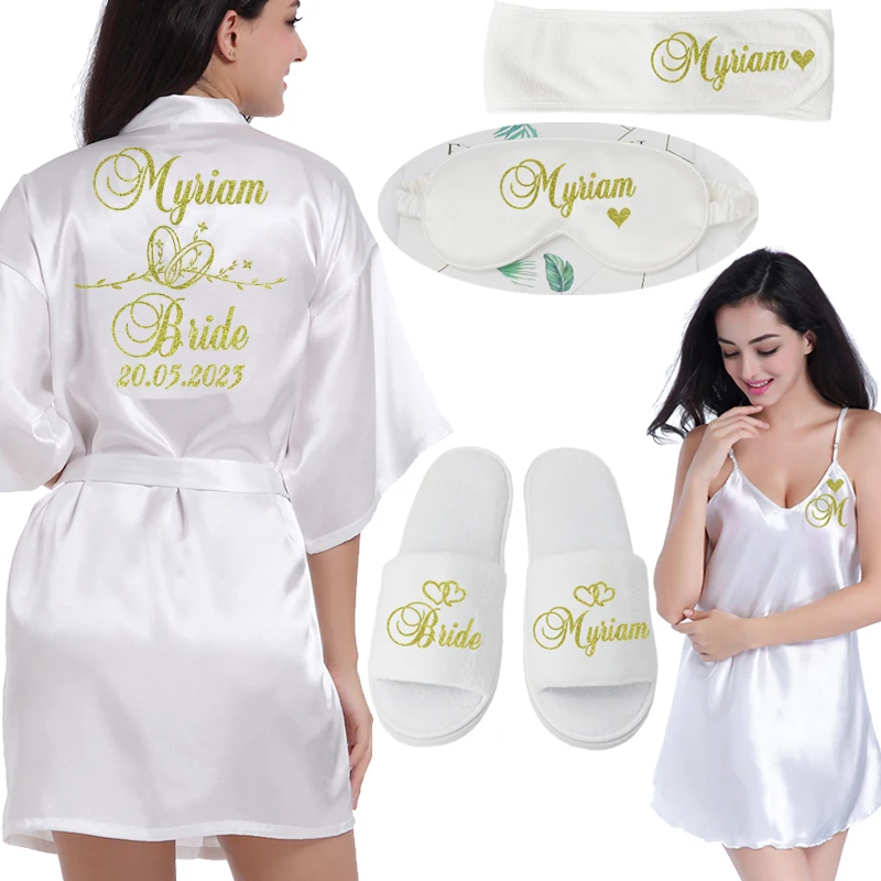 Albornoz de seda sintética con logotipo personalizado para mujer, bata nupcial con nombre y fecha de boda, ropa de preparación de despedida de