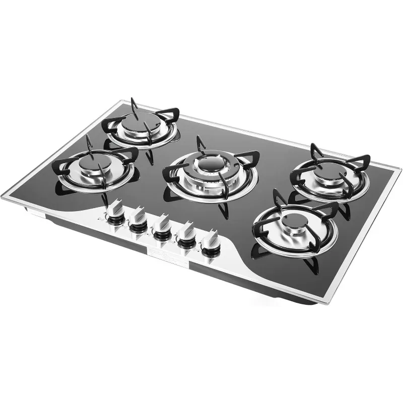 30 Inch 5-Burner  Cooktop, Built-In Stainless Steel  Stovetop,LPG/NG Convertible  Stove Dual Fuel Hob