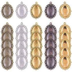 30pcs 5 Color Oval Pendant Trays Bezel 30pcs 25 x 18mm Glass Cabochon Dome Tiles Clear Cameo Memorial Photo Pendant DIY