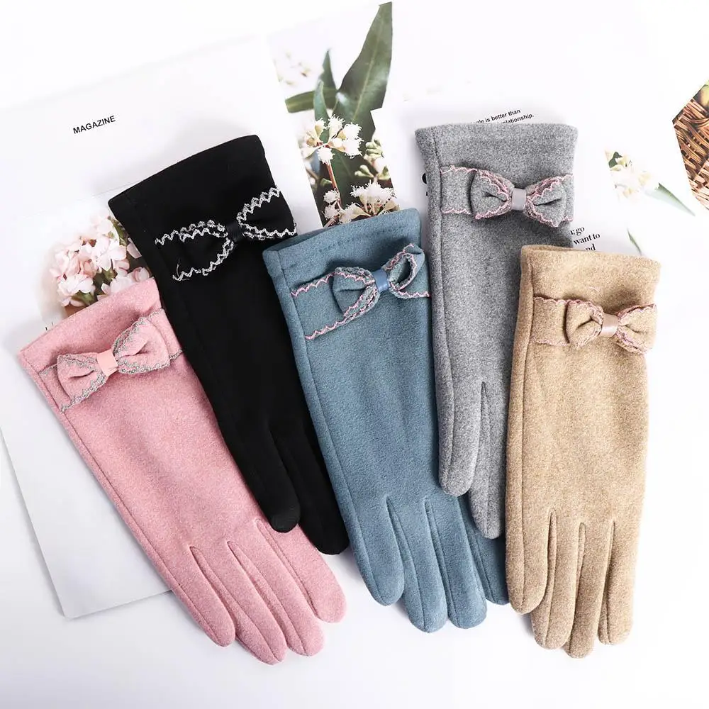 

Comfortable Cold Protection Solid Color Bow Full Finger German Fleece Women's Gloves Korean Style Mittens Touch Screen Gloves