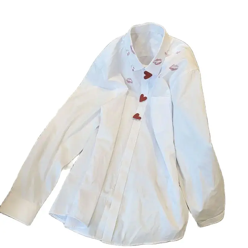 Medium And Long Red Lip Printing White Shirts Women Korean Style Loose Vintage Simple Casual  Long Sleeve Tops Spring New Chic