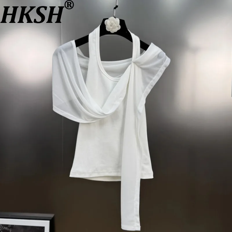 

HKSH Summer New Women's High Street Chic Fashion Solid Color Off-Shoulder Patchwork Ribbon T-Shirt Casual Asymmetric Tops HK7651