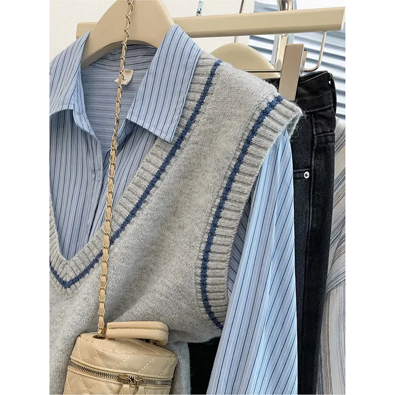 سترة محبوكة على الطراز الكوري الرمادي للنساء، للربيع والخريف، الخريف والشتاء، سترة بدون أكمام، قميص بطبقات من قطعتين