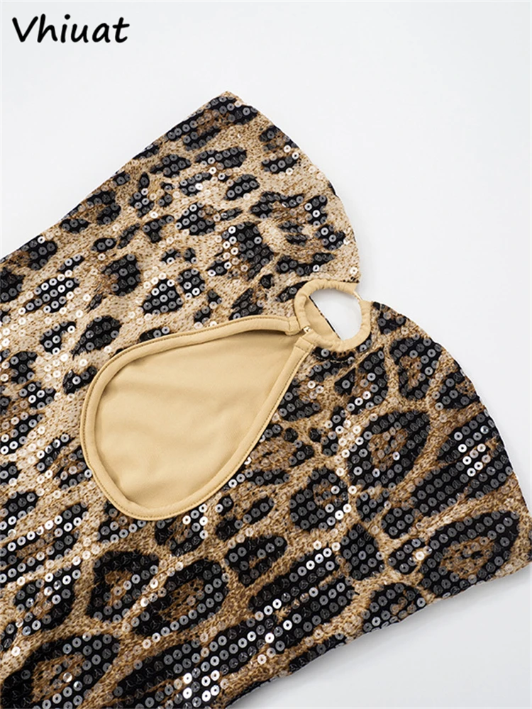Vhiuat Sexy Bodycon Strapless Sleeveless Leopard Print Sequins Skinny Mini Dress Female Party Night Club Summer Short Vestidos
