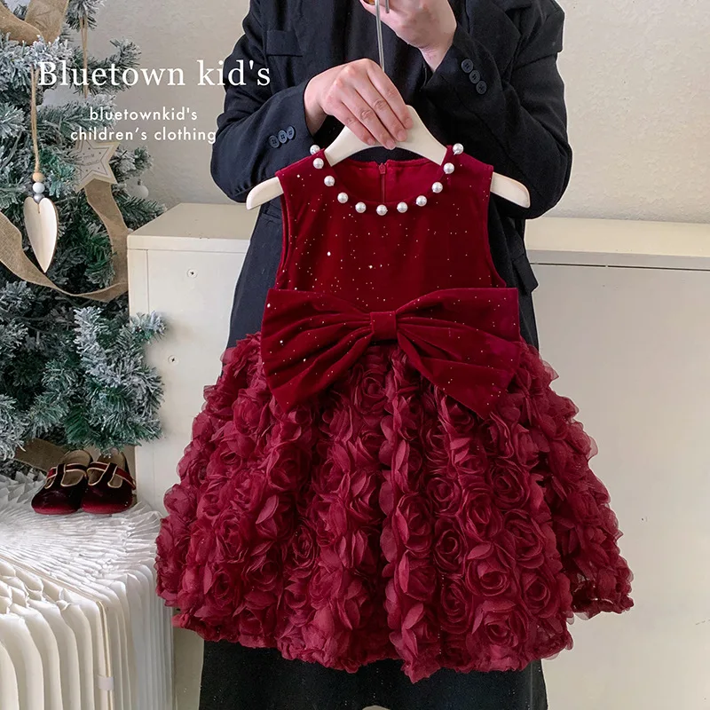 Girls Autumn and Winter New Velvet Western Style Three-Dimensional Flower Pearl Bow Red Princess Dress