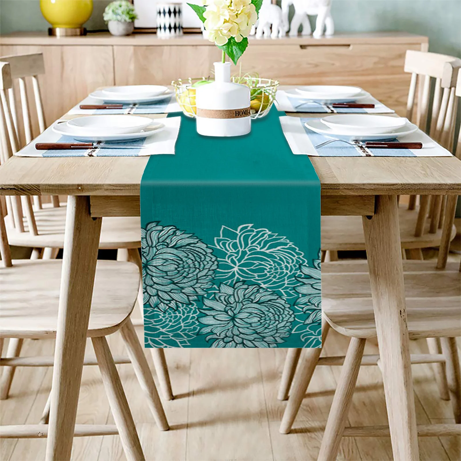 Green Chrysanthemum Flower Linen Table Runners Kitchen Table Decoration Accessories Dining Table Runner Wedding Party Supplies