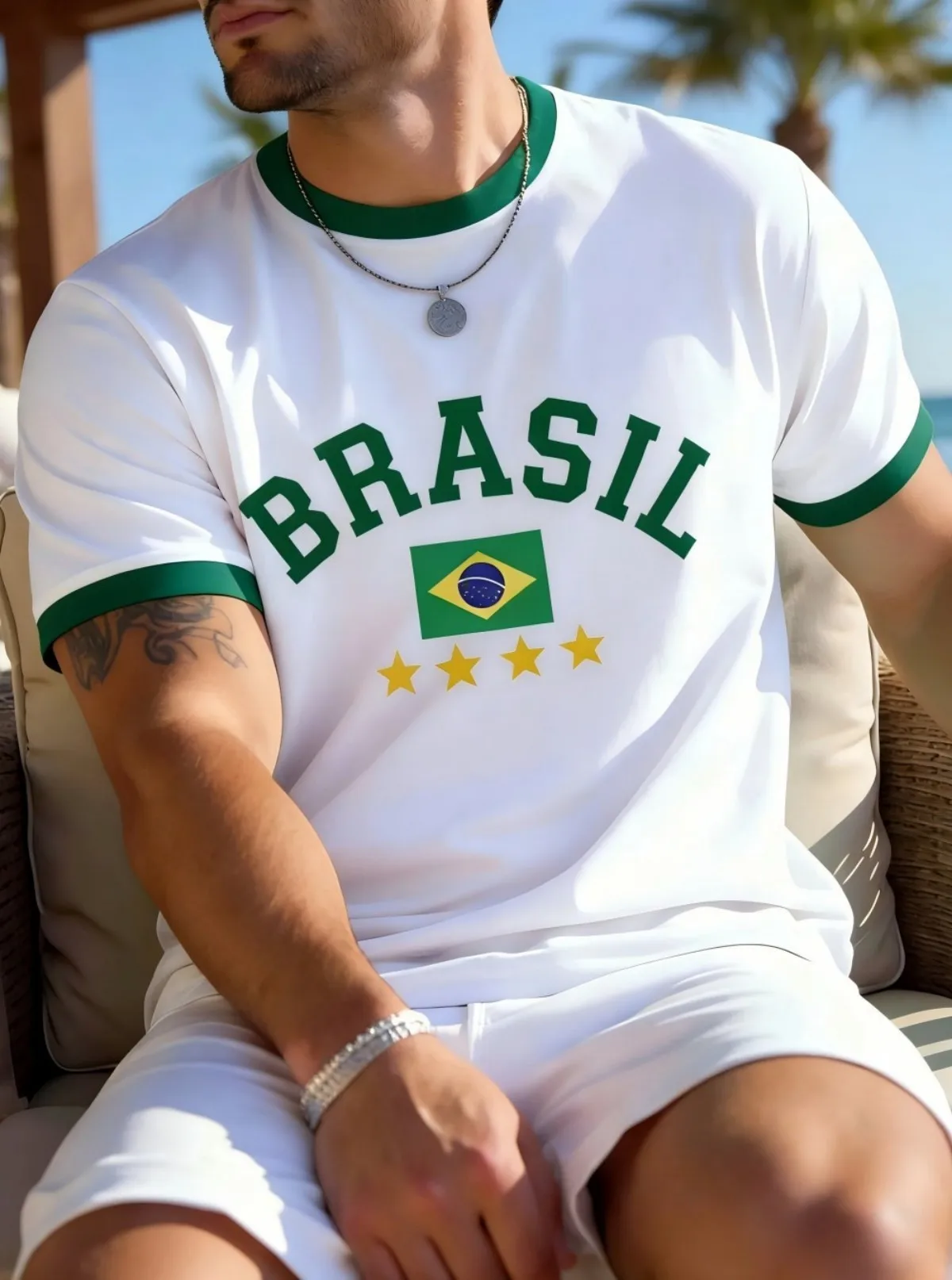 New American Men's Summer Training Brazilian Striped Letter Print micro Elastic Breathable Round Neck T-Shirt Outdoor Casual Top