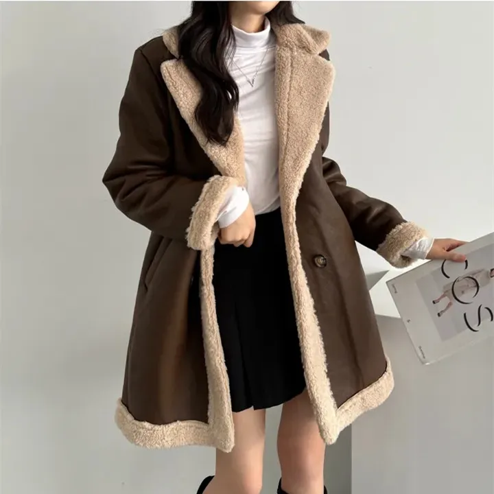 معطف شتوي نسائي من Thiened Fce مبطن متوسط الطول من الجلد Jaet بتصميم كوري أنيق من جلد eepskin طويل Sve #2