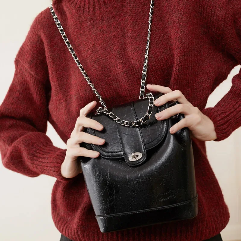 High-grade Korean Niche Small Fragrance Chain Cowhide Large Capacity Vintage Single Shoulder Crossbody Bucket Bag Backpack