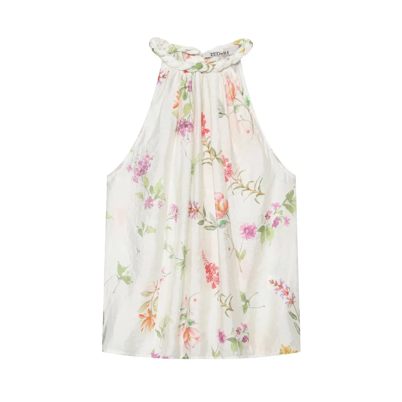 

Dave&Di European Women's Fashion Light Floral Print Sleeveless Sweetheart Neck Chiffon Top