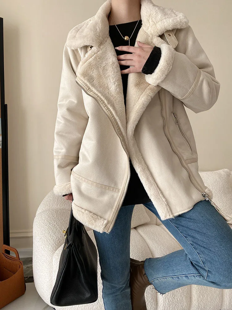 [EAM] Loose Fit Black Thick Warm Big Size Faux Fur Jacket New Lapel Long Sleeve Women Coat Fashion Autumn Winter 2024 1DF3349