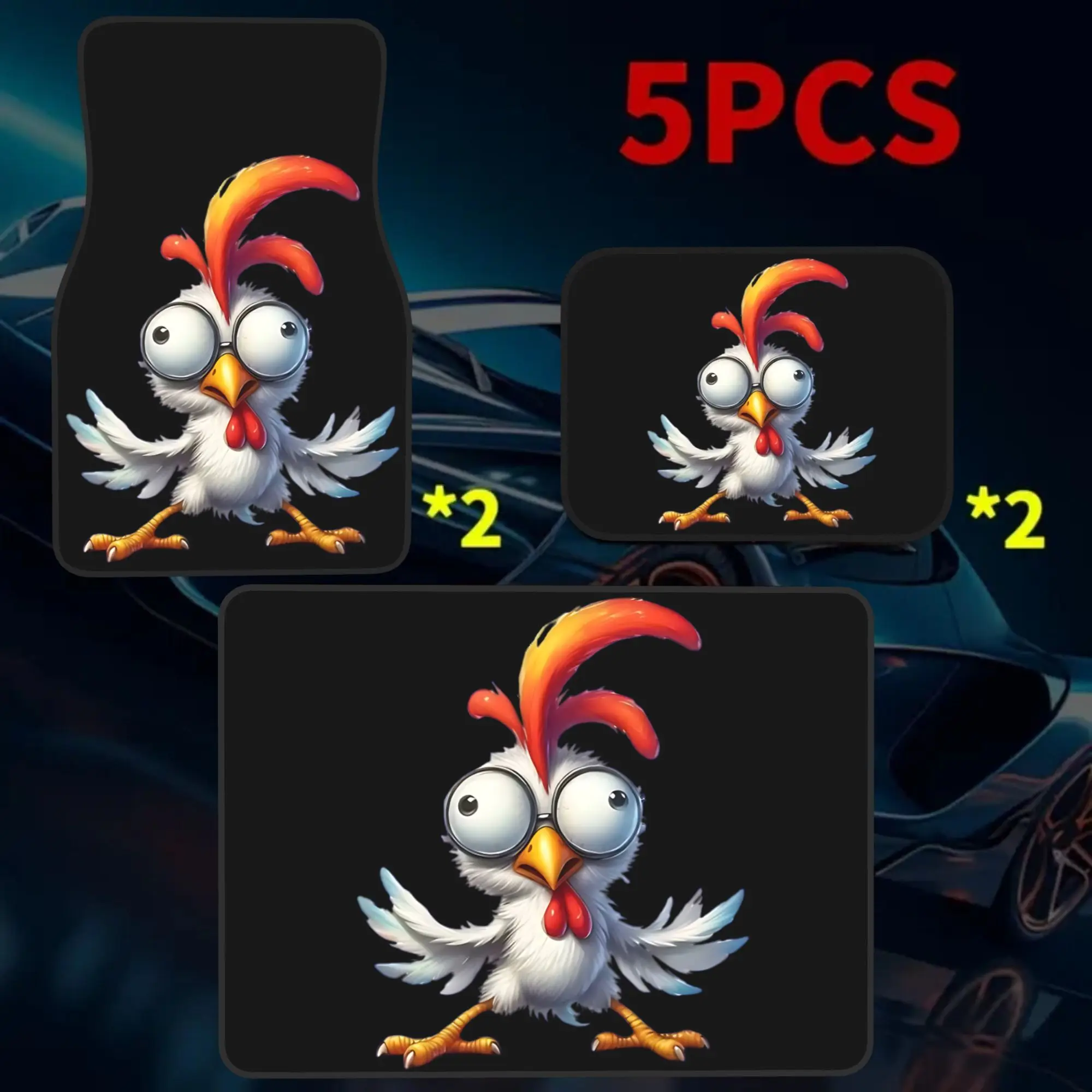 2D Flat Printing 5pcs Cartoon Chicken With Big Round Glasses Printed Car Mats Set (4 Floor Mats + 1 Trunk Mat), Made Of Durable