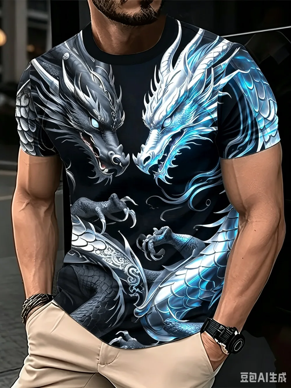 Sommer Neu Leistungsstarkes Schwarzgold Doppeldrachen Herren T-Shirt 3D-Druck Hip-Hop Lässig Atmungsaktiv Schnelltrocknend Outdoor Sport Mode Oberteil – Detail 7