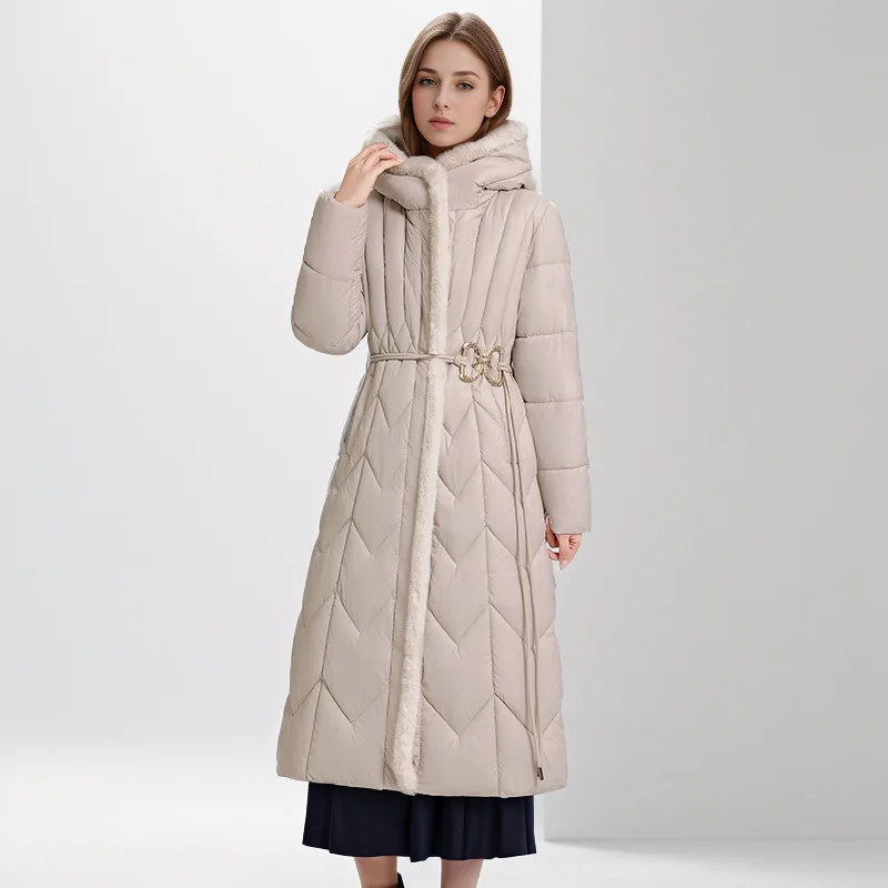 2024 New Long Style Women's Winter Jacket Female Fluffy Edge Hooded Warm Parkas Women's Thicken Over The Knee Cotton Jacket